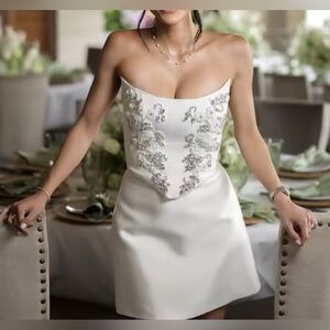 Retail $725 Olivia Luxe White Strapless Dress with Silver Embellishments